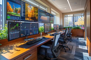 Poster - A modern office space with large monitors displaying financial data and a view of the city