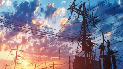 Wall Mural - Workers conducting maintenance on high-voltage power lines near a power plant.