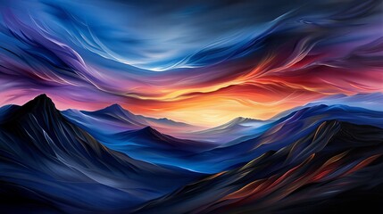 Wall Mural - a landscape painting with a vibrant sunset over a dark mountain range.copy space more clarity with c