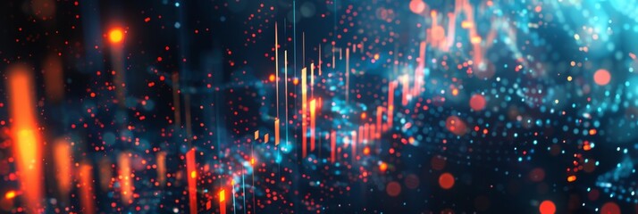 Poster - Abstract digital cityscape with vibrant lights and glowing elements, showcasing futuristic tech ambiance.