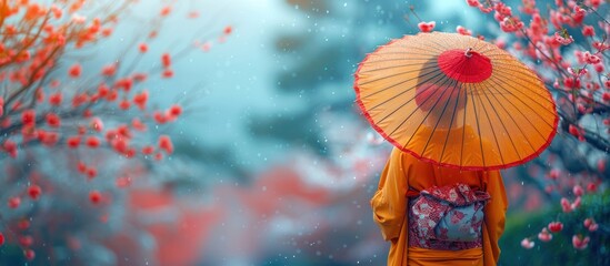 Sticker - Woman in Kimono with Umbrella in a Sakura Garden