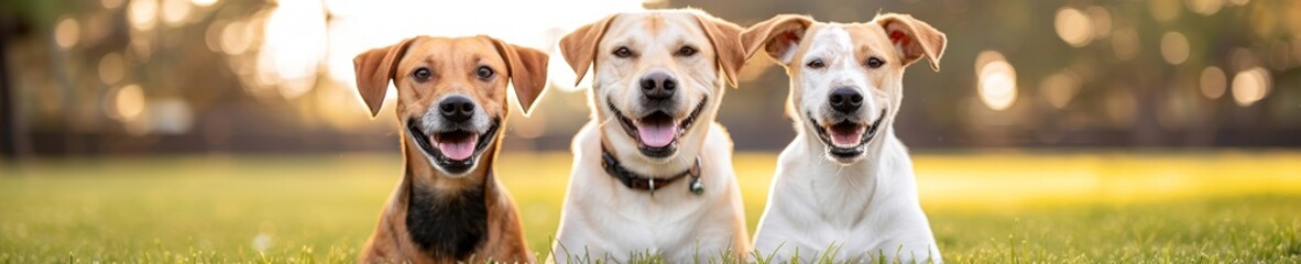 three happy dogs smiling together in a park on a sunny day - best friends forever - pet photography 