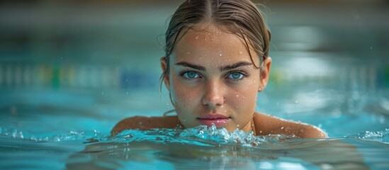 Wall Mural - Woman with Blue Eyes Emerges from Pool Water