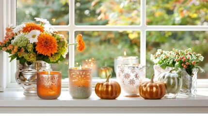 Wall Mural - A windowsill decorated with small pumpkins, berries, candles, and an autumn leaf