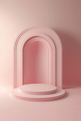 Wall Mural - Pink pastel arch display with elegant steps and soft lighting