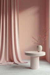 Wall Mural - Minimalist pink interior with soft drapery and elegant marble table