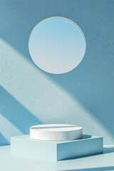 Wall Mural - Minimalist blue display with round podium and soft sunlight