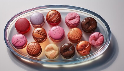 Delicious mix of macarons on a tray on a white table, view from above 