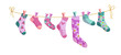 © Elena - Clothesline socks. Socks on a rope, Baby socks with patterns vector cartoon.