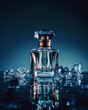 © Wild Dream - Elegant perfume bottle with clear design surrounded by ice crystals on blue background
