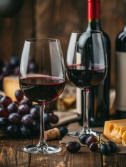 Poster - Two glasses of red wine on a wooden table, accompanied by grapes and a block of cheese. Generative AI