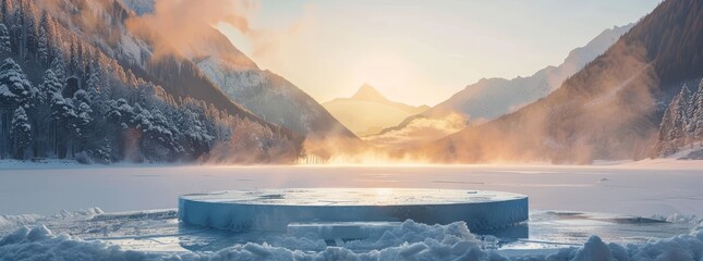 A white ice podium with a snowy, winter scene on the blue ground of the sky and the frozen white snow of the mountain. A white ice podium with a snowy, winter scene on the blue ground. A white ice