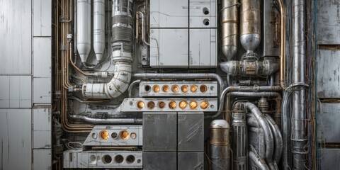 Canvas Print - A close-up of a wall constructed of metallic panels, featuring a complex arrangement of pipes, wires, and vents