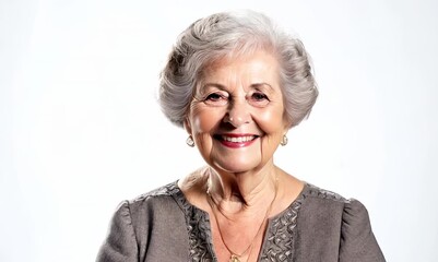 Wall Mural - Group portrait video of a satisfied woman in her 80s that is placed against a white background