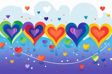 Poster - A colorful heart-shaped design with a blue background. The hearts are arranged in a row and are of different colors
