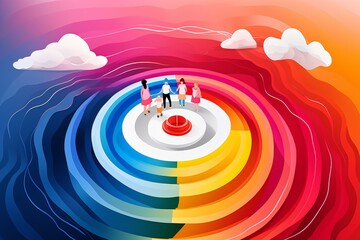 Poster - A colorful, abstract painting of a group of people standing around a red button. The painting is titled 