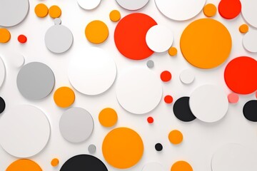 Poster - A white background with many orange and black circles. The circles are of different sizes and are scattered all over the background. The image has a playful and colorful vibe