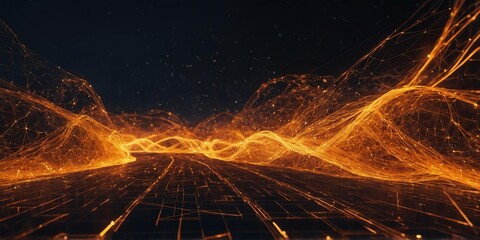 Wall Mural - orange light trail futuristic particles blockchain bac background