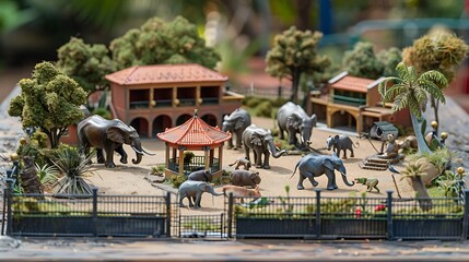 Wall Mural - Miniature zoo set with tiny animal enclosures 