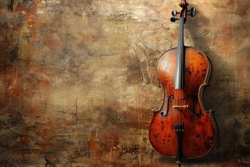 Poster - Antique cello is leaning against a textured wall, creating a dramatic and artistic scene