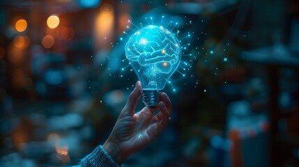 A hand holding up an illuminated lightbulb with a glowing brain icon on a dark background