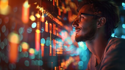 Wall Mural - A man looks at the screen in front of him with a smile as he reads information about projected times for global growth or financial success