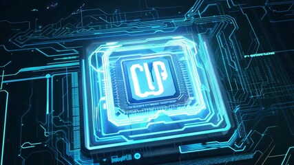 Poster - a computer chip sits in a circuit board, with blue glowing lines outlining its edges and connecting 