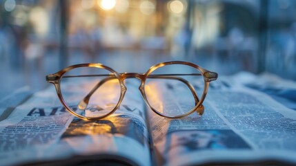 Fototapete - Eyeglasses sit on an open book, the background blurred. Generative AI