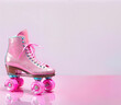 © Alena - Close-up of pink roller retro skates with glitter, covered in glitter, on a plain pink background. Summer hobby season, sports lifestyle, vacation concept, 80s fashion. Background with copy space