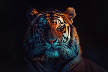 Wall Mural - Close-up shot of a tiger's face in a dark environment, perfect for use in scenes where animals are hiding or lurking