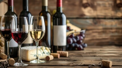 Poster - Wine glasses filled with red and white wine are arranged next to wine bottles on a rustic wooden table with a block of cheese and grapes. Generative AI