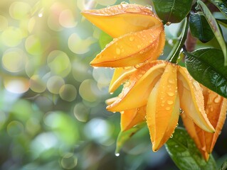 Vibrant Starfruit with Water Droplets on Lush Green Leaves in Sunlit Garden