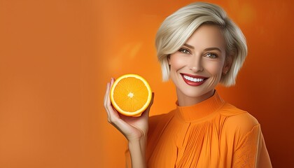 blonde model with short hair wearing orange dress with an orange on her hand on orange background