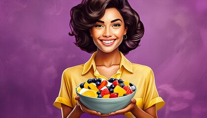 Wall Mural - Brunette model wearing yellow dress with a bowl of fruit salad on violet background