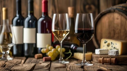 Poster - Two glasses of wine, one white and one red, sit alongside various cheeses and wine bottles on a rustic wooden table. Generative AI