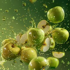 Canvas Print - Vibrant green apples splashing in water, a refreshing scene full of movement and energy. Perfect for advertisements and backgrounds. The image style is realistic and dynamic. AI