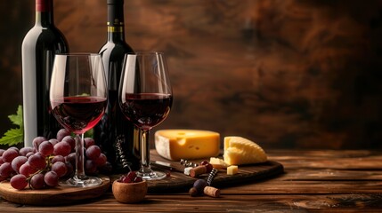 Poster - Two glasses of red wine, bottles in background, cheese on cutting board, grapes beside. Generative AI