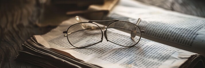 Poster - Eyeglasses are resting on top of an open book, with the text of the book visible in the background. Generative AI