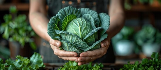 Freshly Harvested Green Cabbage Held in Hands