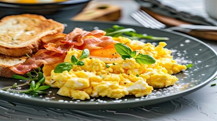 Wall Mural - A plate of fried eggs, crispy bacon, and toasted bread with a pat of butter