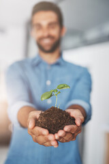 Wall Mural - Soil, hands and business man with seedling for company growth, investment or startup development. Entrepreneur, plant and palms of employee with fertiliser for profit, sustainability or opportunity