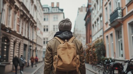 A person carrying a backpack walks along a city street