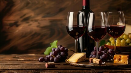 Aufkleber - A cozy setup with red wine glasses, a bottle, cheeses, grapes, and corks on a wooden table hints at a perfect setting for wine tasting or romance. Generative AI