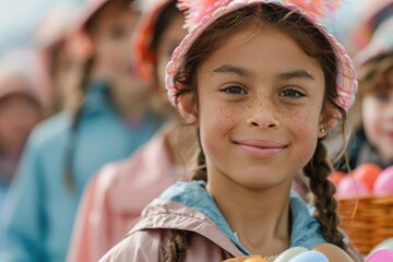 A young girl with a gentle smile holds a basket full of colorful Easter eggs, set against a cheerful background, embodying the joy and innocence of Easter celebrations.