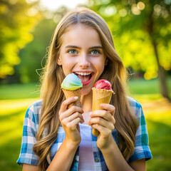 Excited Girl Holding Two Ice Cream Cones, Sunny Park Background, Summer Fun