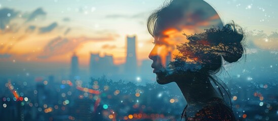 Poster - Silhouette of a Woman with a Cityscape and Sunset