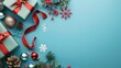 © Ace64 Studio - Merry christmas and happy holidays greeting card frame banner. new year. noel. christmas ornaments and gift on blue background top view. winter xmas holiday theme. flat lay.