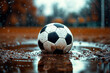 © Alex Puhovoy - Football ball in a puddle. Dirty football ball. Ball on a wet soccer field. Selective focus. AI generated