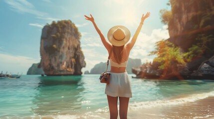 Summer lifestyle traveler woman joy fun nature scenic landscape sandy beach pak bia island krabi famous landmark tourist travel phuket thailand holidays vacation tourism beautiful destinations asia.