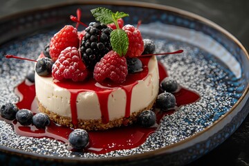 Poster - Creamy cheesecake topped with fresh raspberries, blueberries and blackberries with a berry sauce drizzled on top